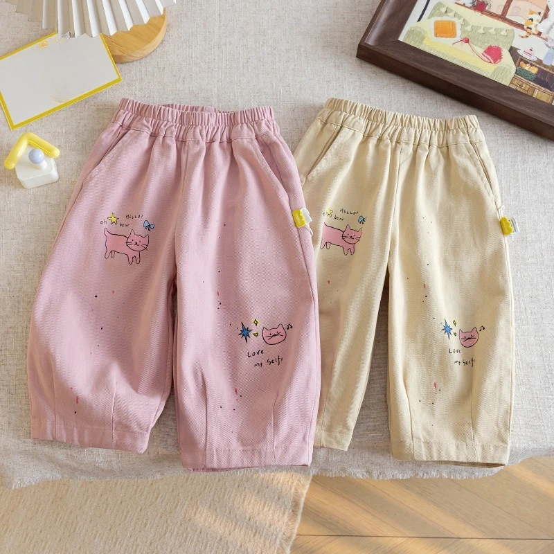 Girls Pants Spring Autumn Cartoon Straight-leg Pants for Kids 2026 New Children's Loose Casual Wide-leg Trousers Toddler Joggers
