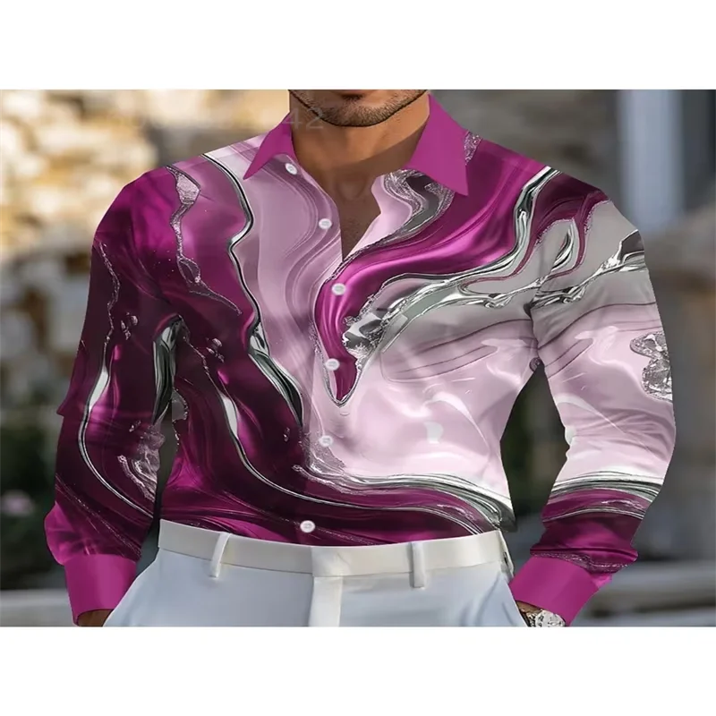 Men Satin Long Sleeve Dress Shirt Purple Marble Liquid Swirl Print Button‑Down Turn‑Down Collar Male Party Banquet Formal Casual