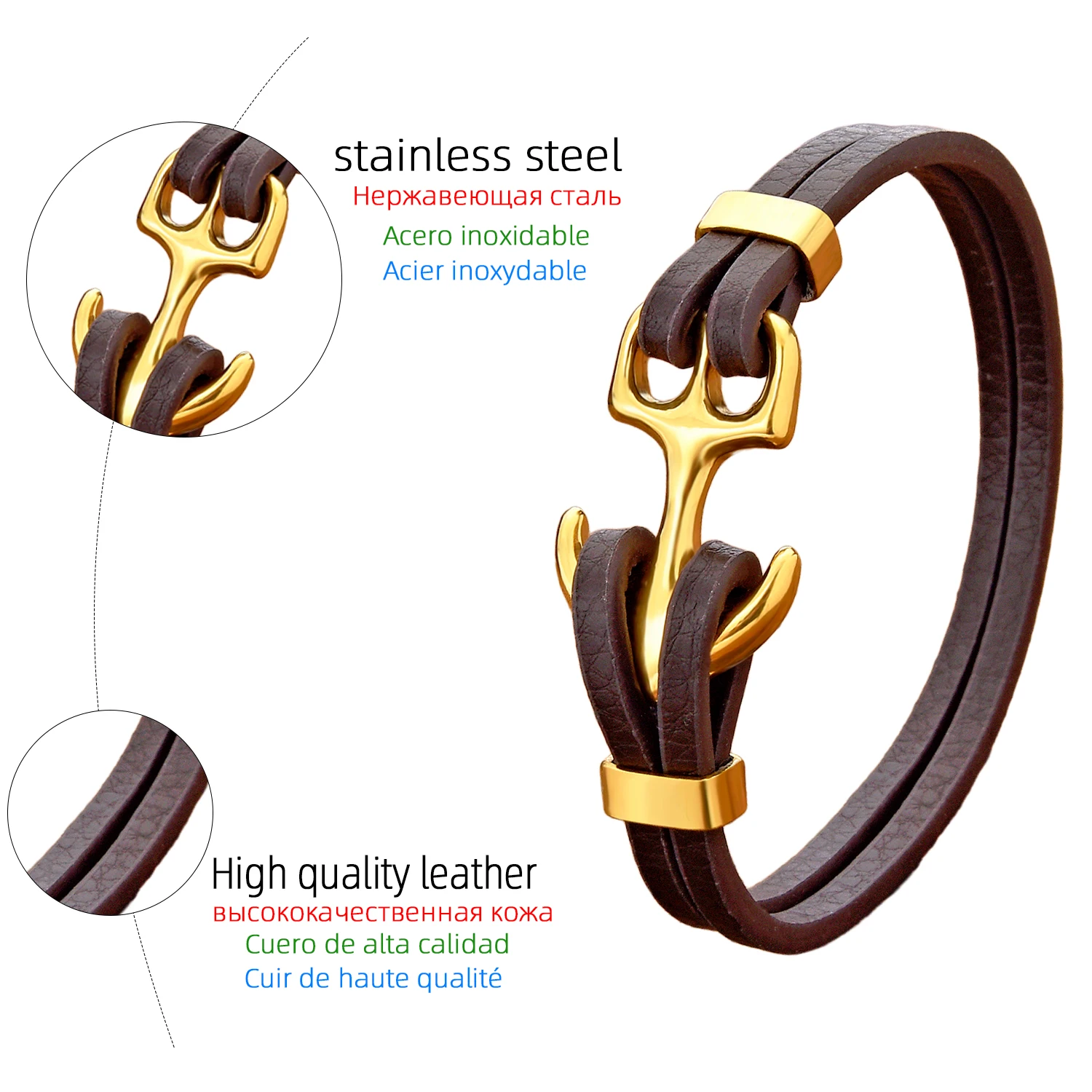 New Punk Navy wind Stainless Steel Anchor Bracelets Brown Black Leather Bracelet & Bangles for Men Trendy Jewelry Gift 2024