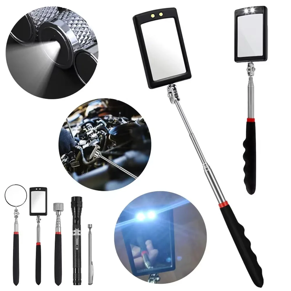 Car Mirror Portable Telescoping Flexible Head Inspection Mirror LED Light Adjustable 360 Degree Swivel Viewing Auto Hand Amagi