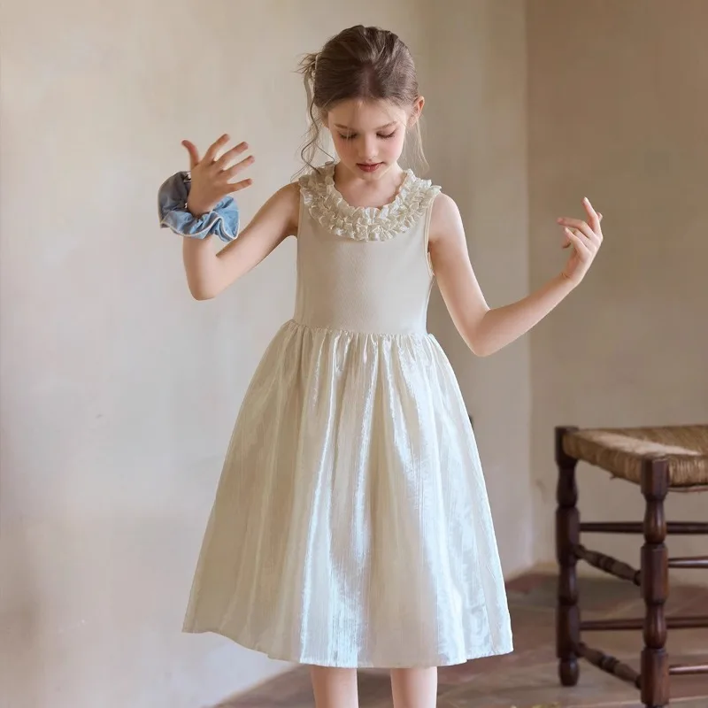 

Летнее детское платье для подростков с кружевной отделкой, глянцевое праздничное платье принцессы, элегантное праздничное платье без рукавов с блестящими рюшами, наряд для маленьких девочек