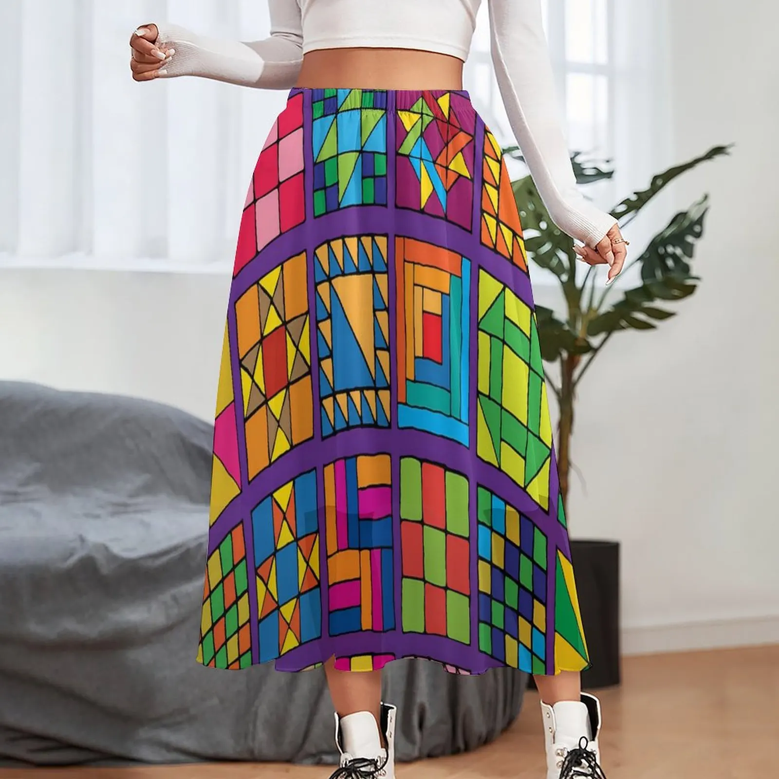 Retro Color Block Chiffon Skirt Patchwrok Print Harajuku Long Skirts Woman Trendy Boho Skirt Design Clothing Gift Idea