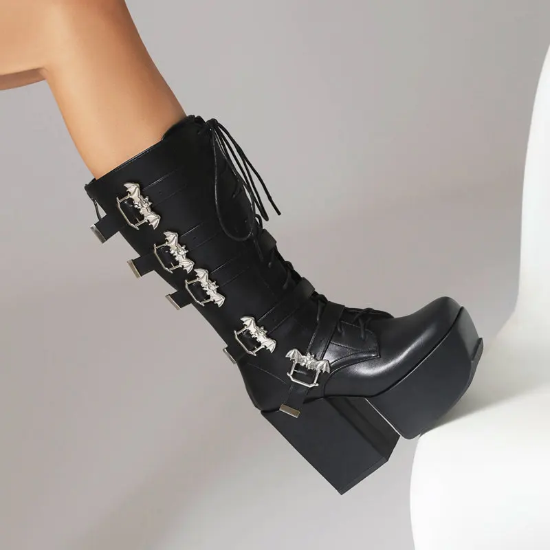 SIMLOVEYO Women Boots Toe Chunky High Heel 12cm Platform 5.5cm Lace Up Buckles Shoes Size 46 47 48