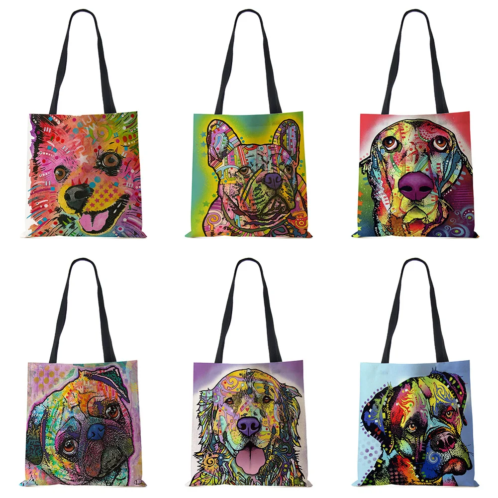 Women Canvas Tote Bag Print Painted Dog Shopping Shoulder Bag Eco Harajuku Casual Designer Large Capacity Travel Storage Handbag