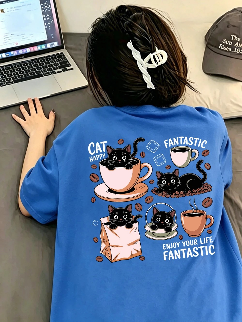 Cotton Womens T-Shirts Summer Enjoy Your Life Happy Coffee Cat Prints T Shirt Oversized Soft O-Neck Tops Casual Womans Clothes