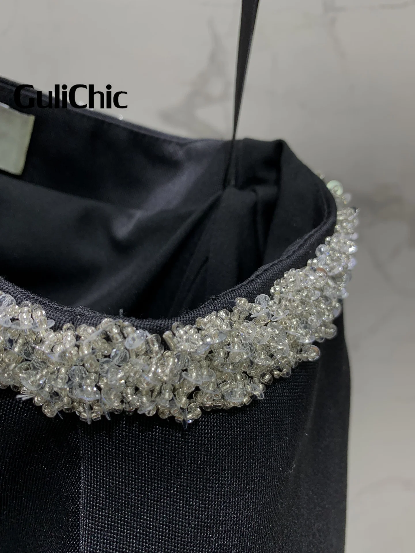 8.12 GuliChic Women Elegant Temperament Skew Collar Blazer Beading Decoration One Shoulder Collect  Waist Slim Top