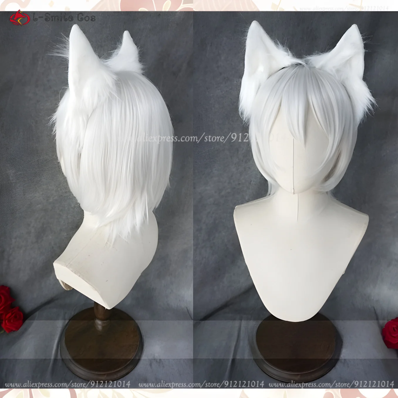 Anime Tomoe Cosplay Wig Short Silver White Unisex Wig With Fox Ears Heat Resistant Hair Halloween Wigs + Wig Cap