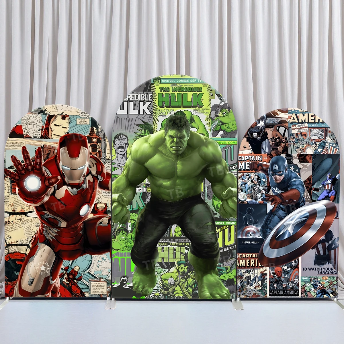 

TB Marvel Ach Backdrop Cover Captain America Iron Man Hulk for Boys Birthday Party Decor Photograph Background Elastic Fabric