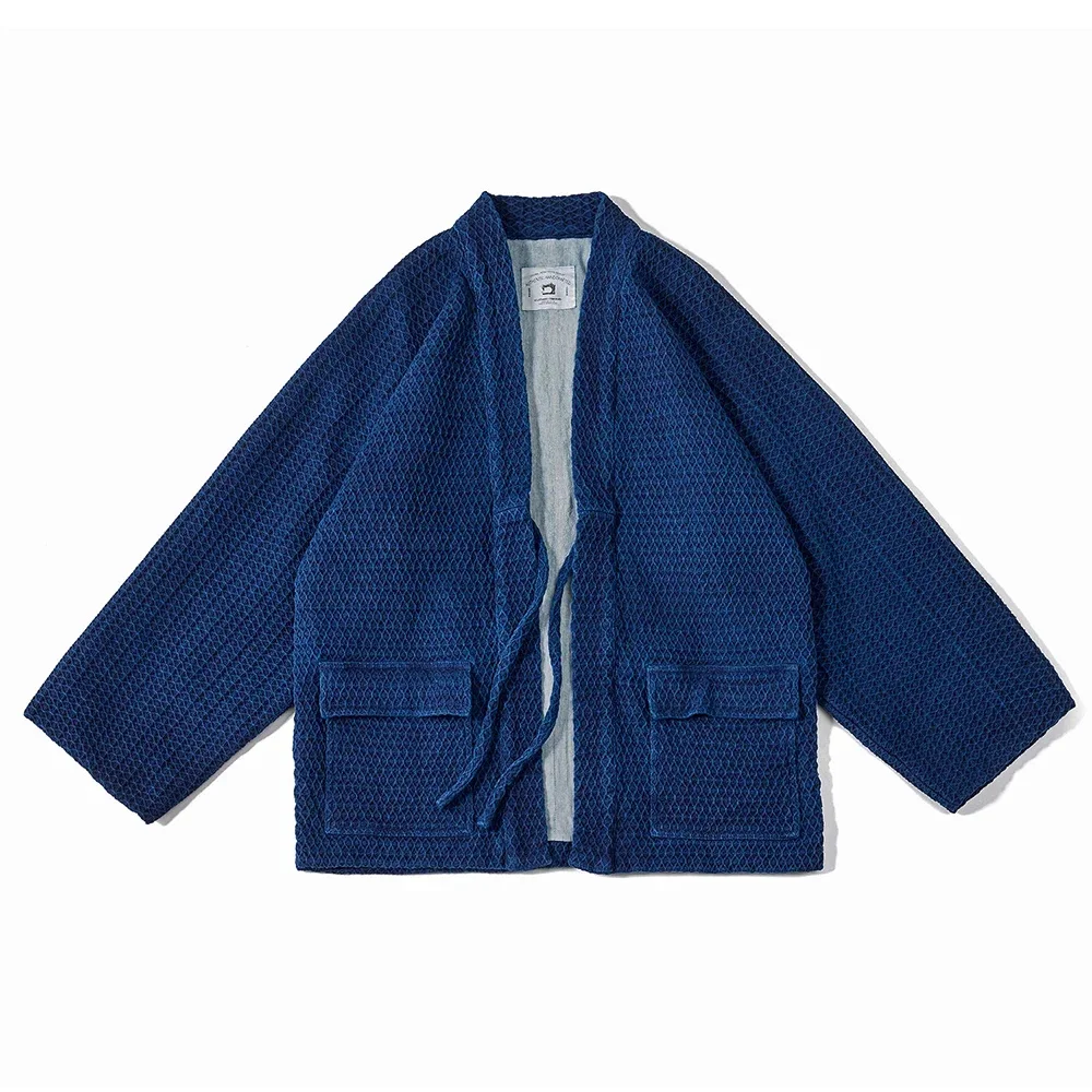 

Японский винтажный халат цвета индиго, мужской весенне-осенний новый синий окрашенный хлопковый пиджак с несколькими карманами и рукавами реглан, повседневный кардиган в стиле ретро, пальто