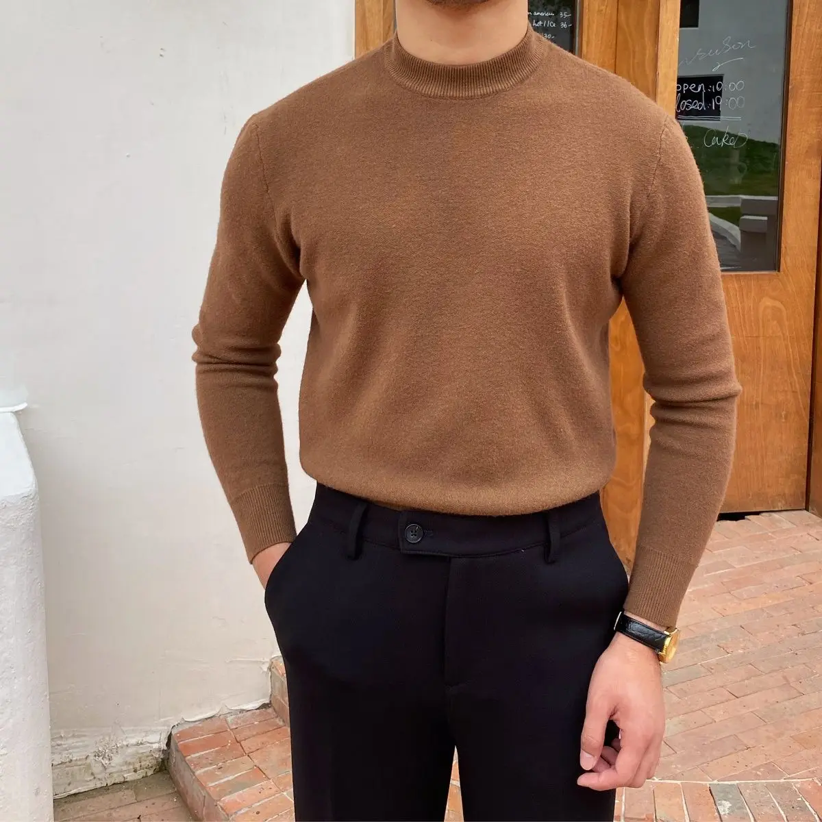 

Korean Men Clothes Autumn and Winter Slim Sweater Men Pullover Warm Base Knitted Sweater Solid Color Half Turtleneck Sweater