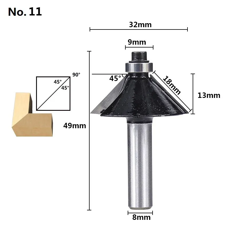 8mm Shank Wood Router Bit Black End Mills Carbide 45 Degrees Chamfer End Mills For Wood 1pcs Woodworking Tools