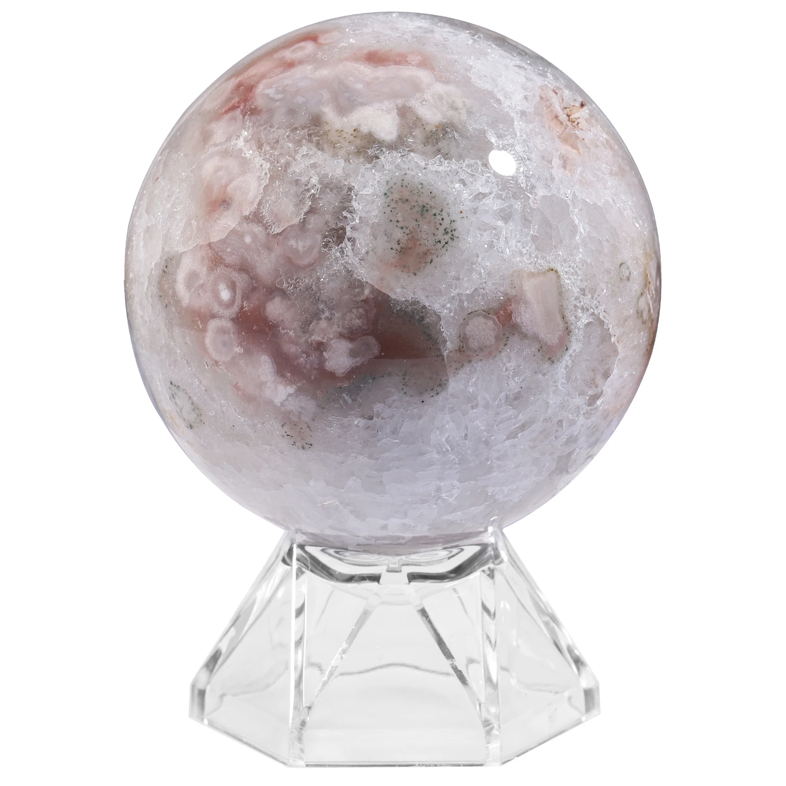 

TUMBEELLUWA Polished Cherry Blossom Agate Stone Sphere With Acrylic Stand Reiki Healing Gemstone Ball Figurine For Home Decor