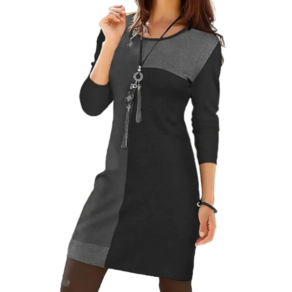 Vintage Women Dress Loose Color Matching Geometric Round Neck Long Sleeve Pullover Spring Mini Dress