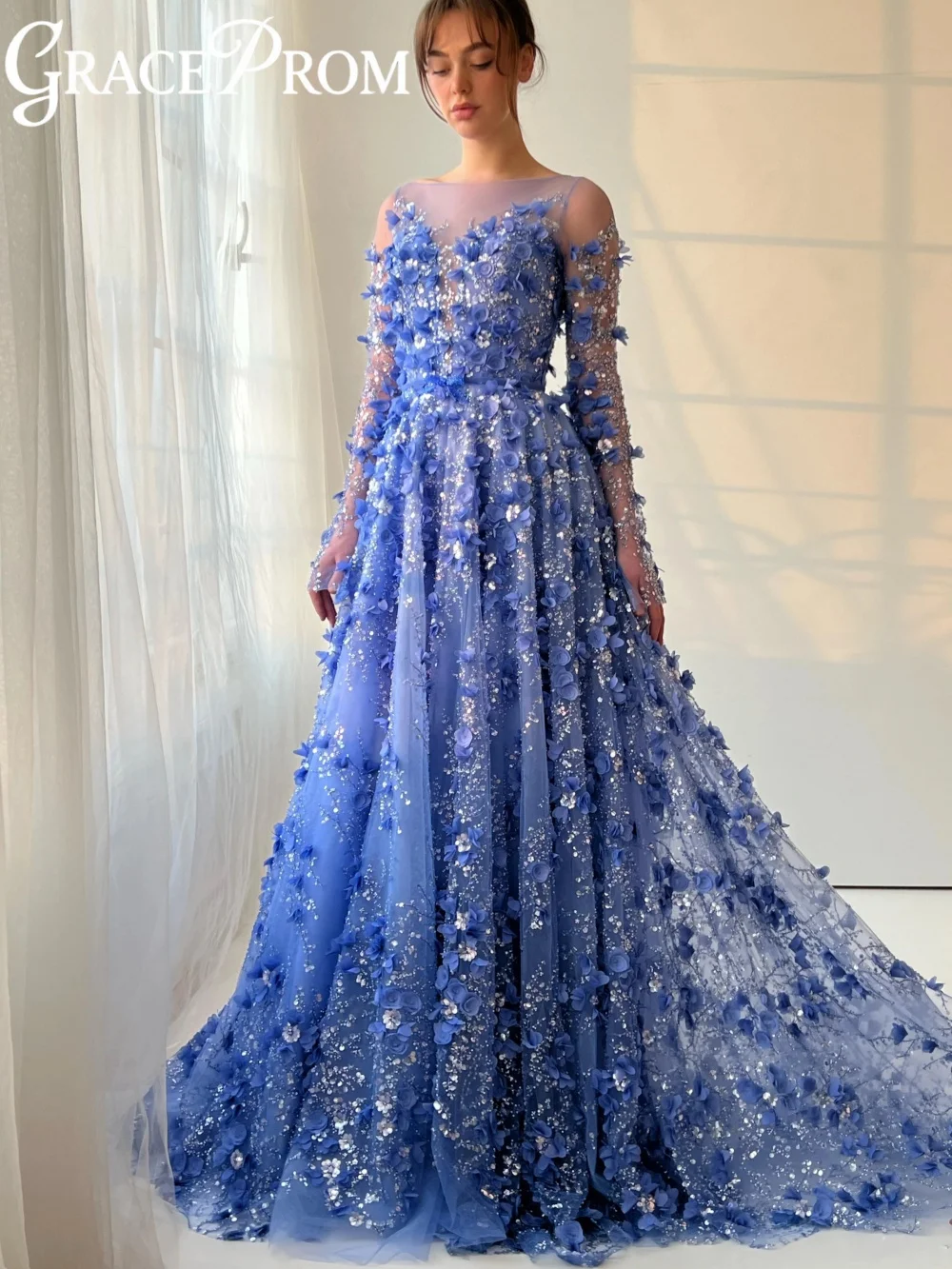 

Blue A-line Embroidery Evening Dress 3D Floral Long Sleeved Formal Party Gown Customized Exquisite Floor-length Banquet Gowns