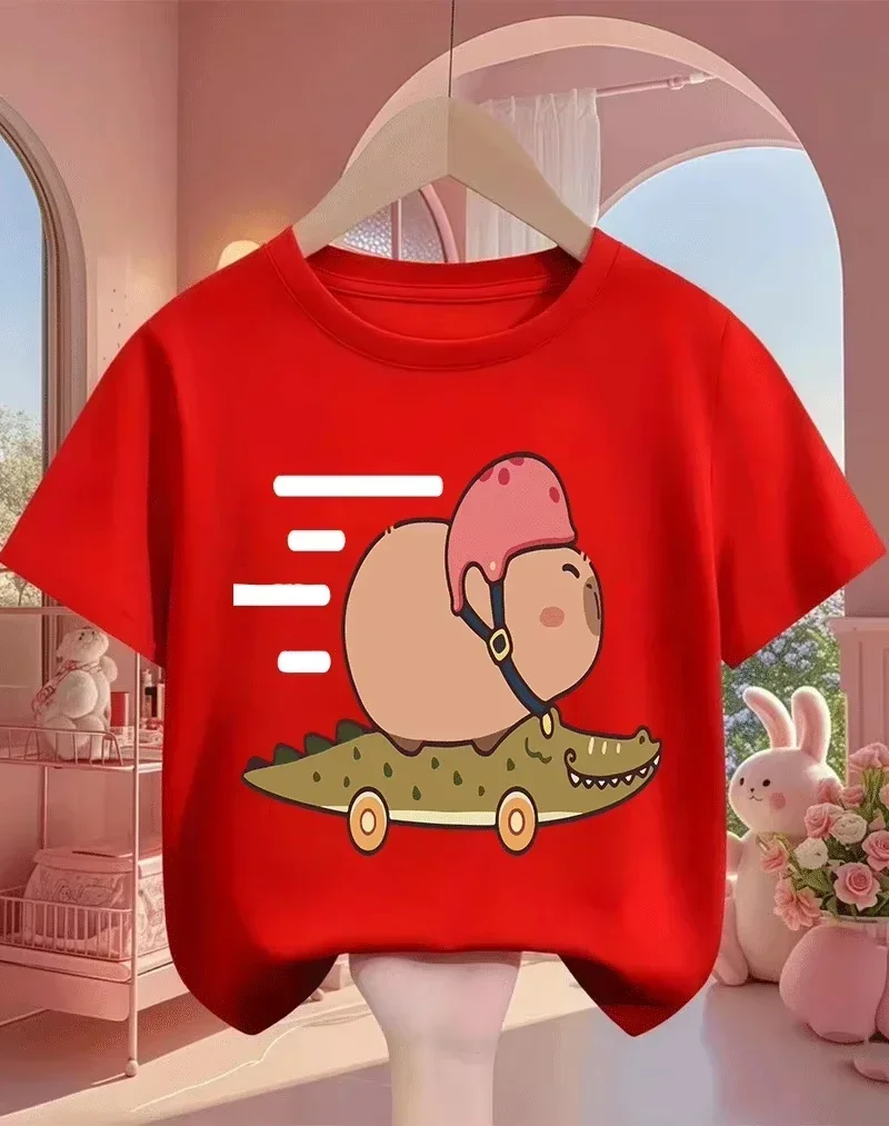 Children Kawaii Animal Short Sleeve Top Funny Capybara Crocodile Car Speed Dash Line Cartoon Crew Neck Pink Girls Tee