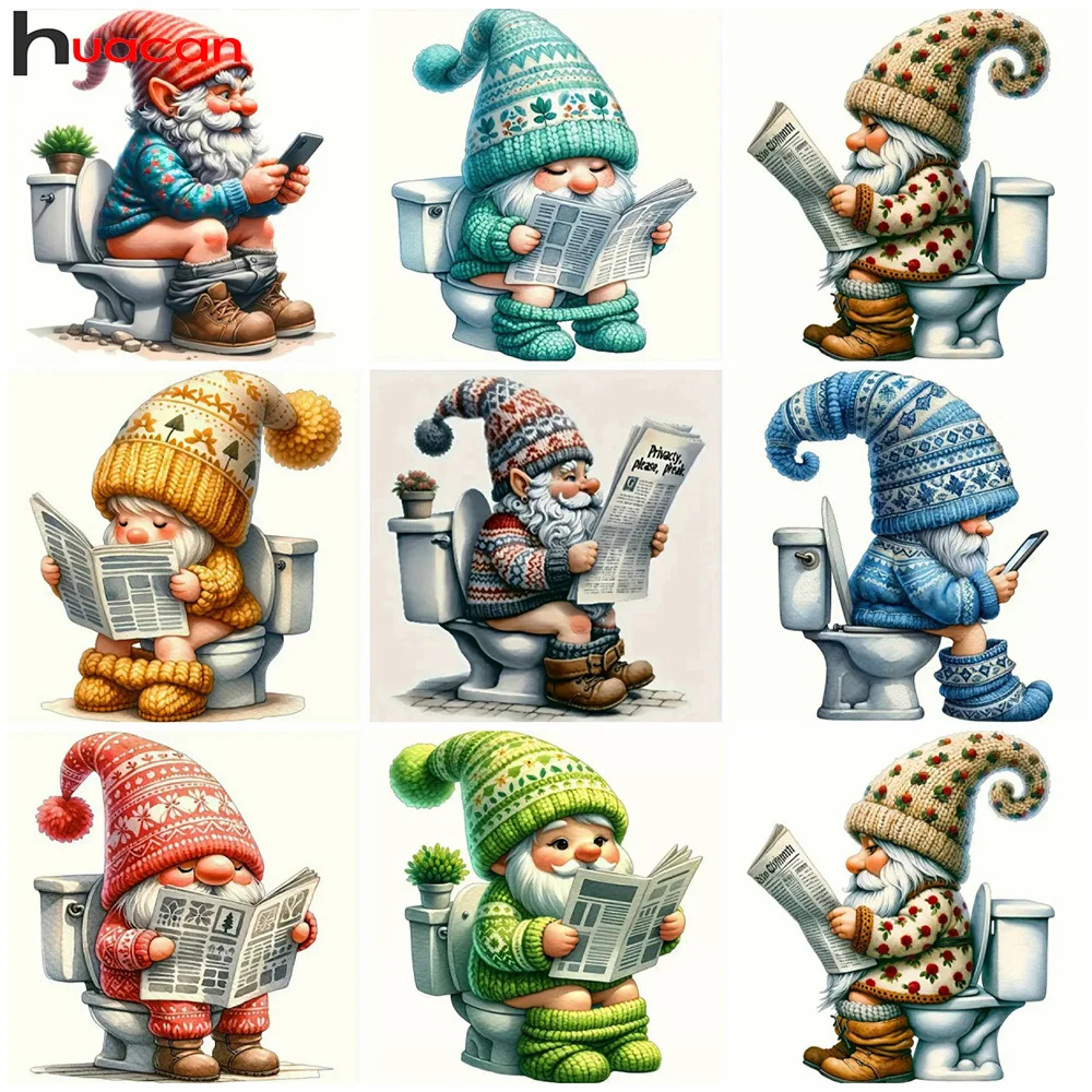 Huacan Diy Diamond Painting Portrait Gnome Full 5d Drill Mosaic Toilet New Collection Funny Gift Bathroom Decoration Craft Kit