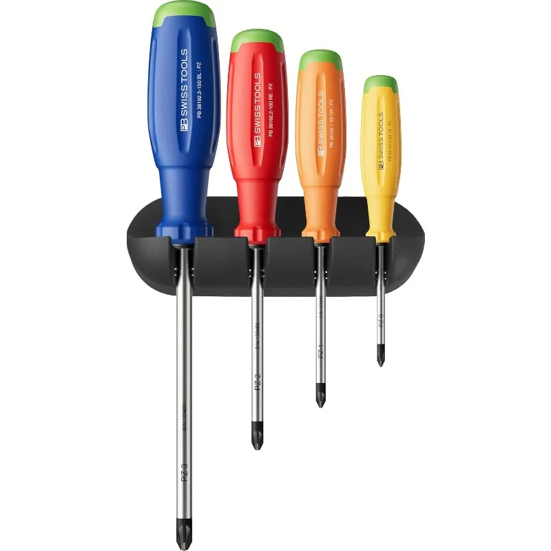 PB Swiss Tools 4PCS RainBow Pozidriv Screwdriver Set SwissGrip Evo with Wall Bracket PB 38243.H RB