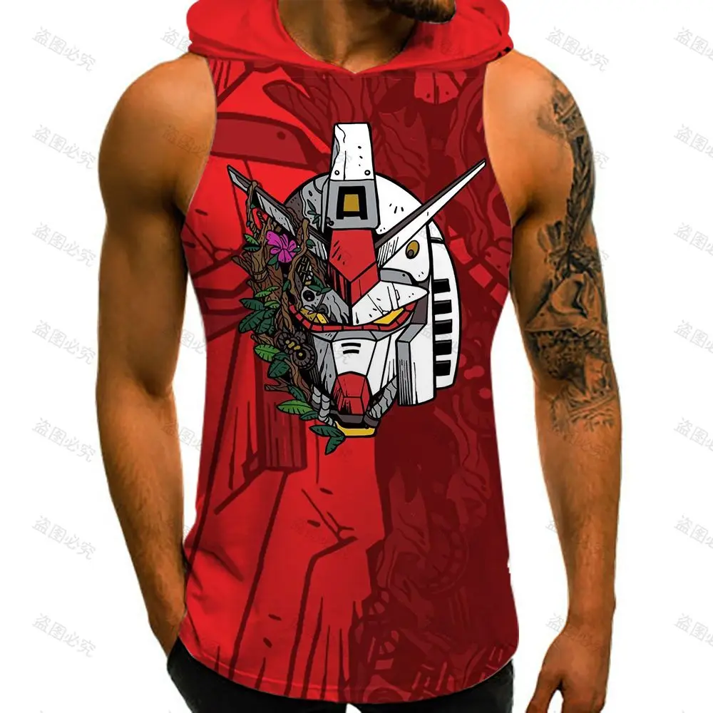 Men's  Hooded Tank Mobile Suit Gundam Hip Hop GYM T-shirts Man Fashion 2023 European Size Streetwear Y2k Tops Basketball New