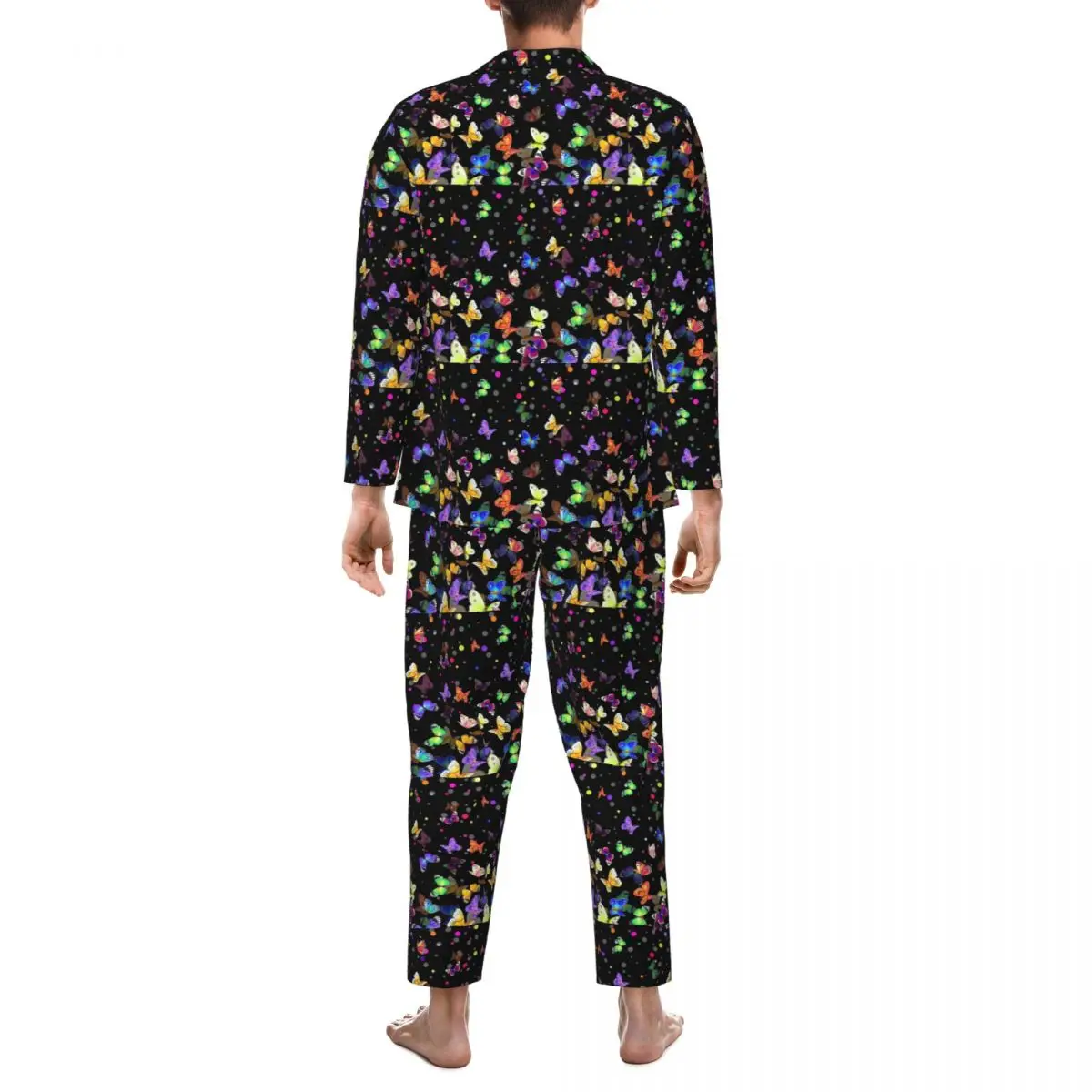 Ensemble de pyjama imprimé papillons colorés pour hommes, vêtements de nuit carillon, vêtements de nuit décontractés à manches longues, vêtements de nuit 2 pièces, grande taille XL, 2XL