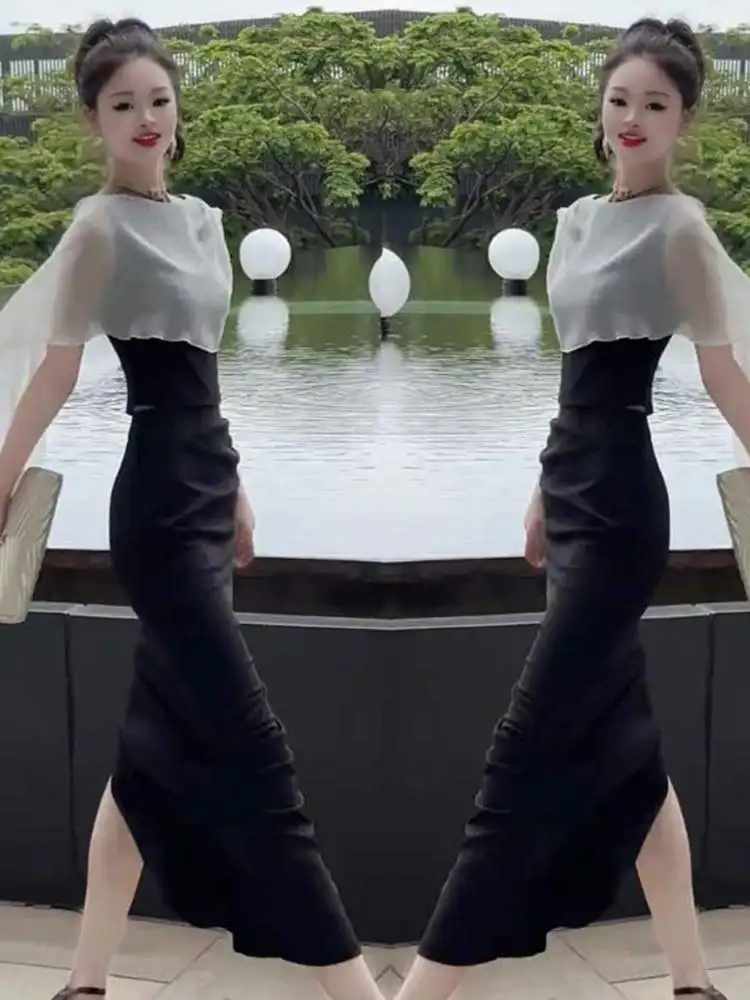 

New Fashion Design Summer 2 Piece Set Women O-neck Sleeveless Top With Shawl + High Waist Slim Split Skirt Elegant Party Suit