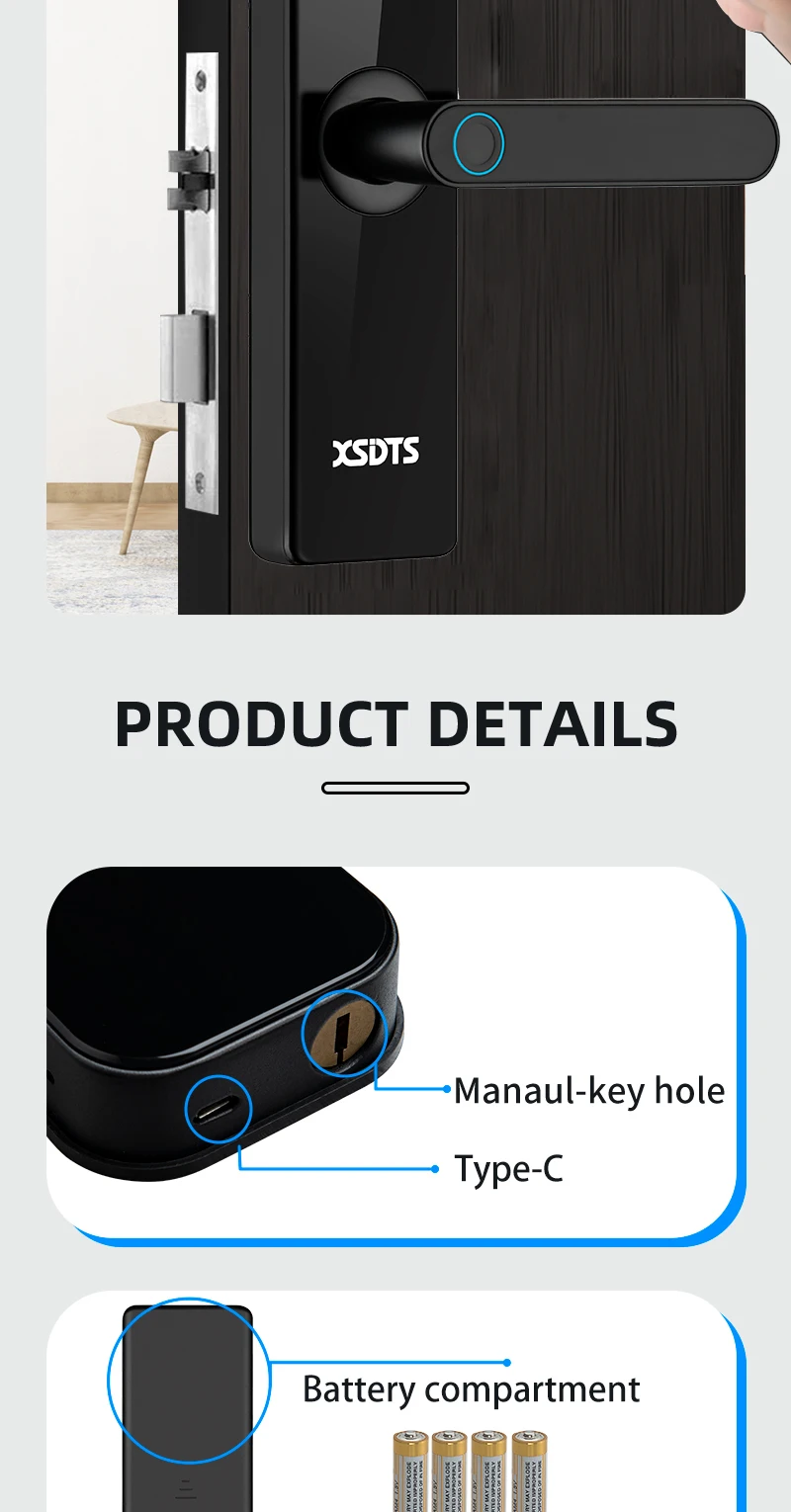XSDTS Electronic Smart Door Lock With Biometric Fingerprint Smart Card Password Key Unlock USB Tuya APP Emergency Charge Lock