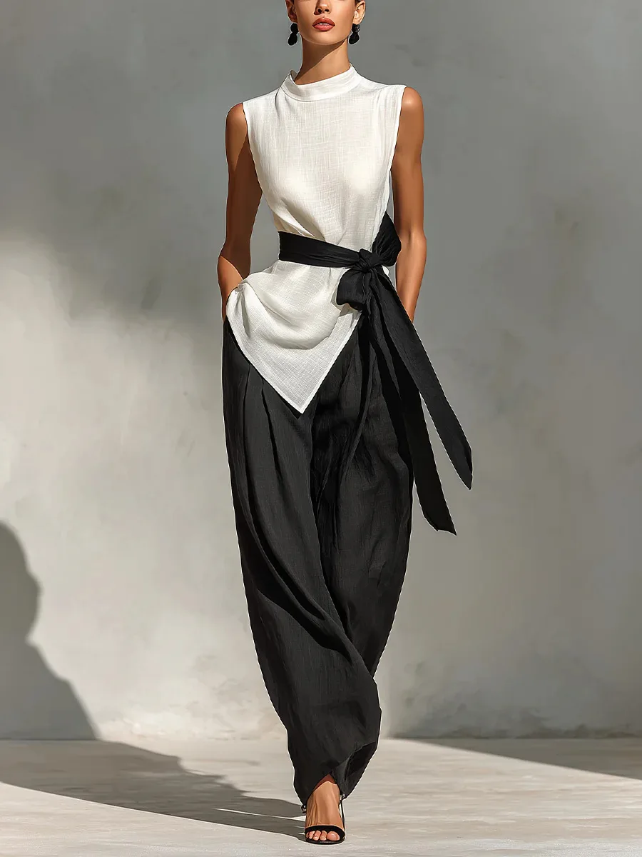 

Spring Linen-cotton Splice Long Pants Suit Women Sleeveless Irregular Vest+high Waist Wide-leg Pants Autumn Female Two Piece Set
