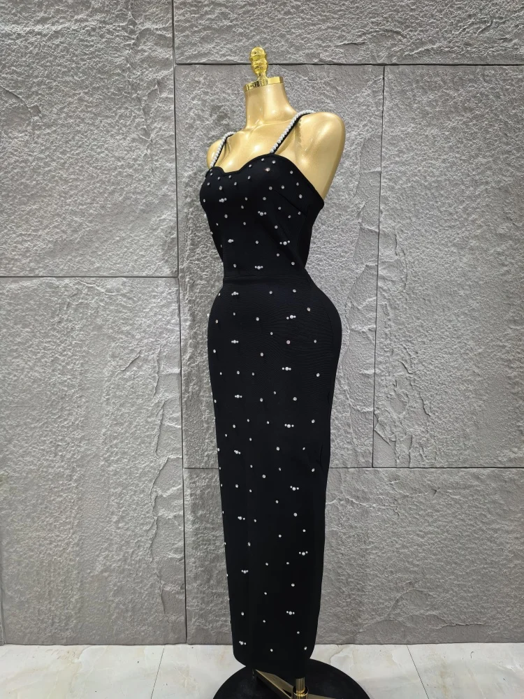 Robe longue à bandes pour femmes, couleur noire, sans manches, bretelles Sexy, col carré, moulante, élégante, tenue de soirée, de célébration d'anniversaire