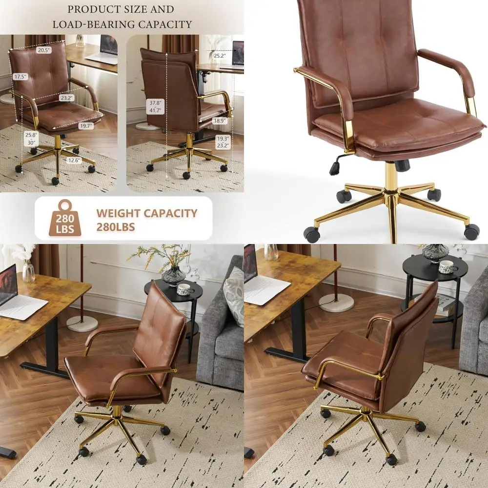 

Brown & Gold Swivel Mid-Century Modern Desk Chair with Upholstered Seat and Armrests for Home/Office Comfort