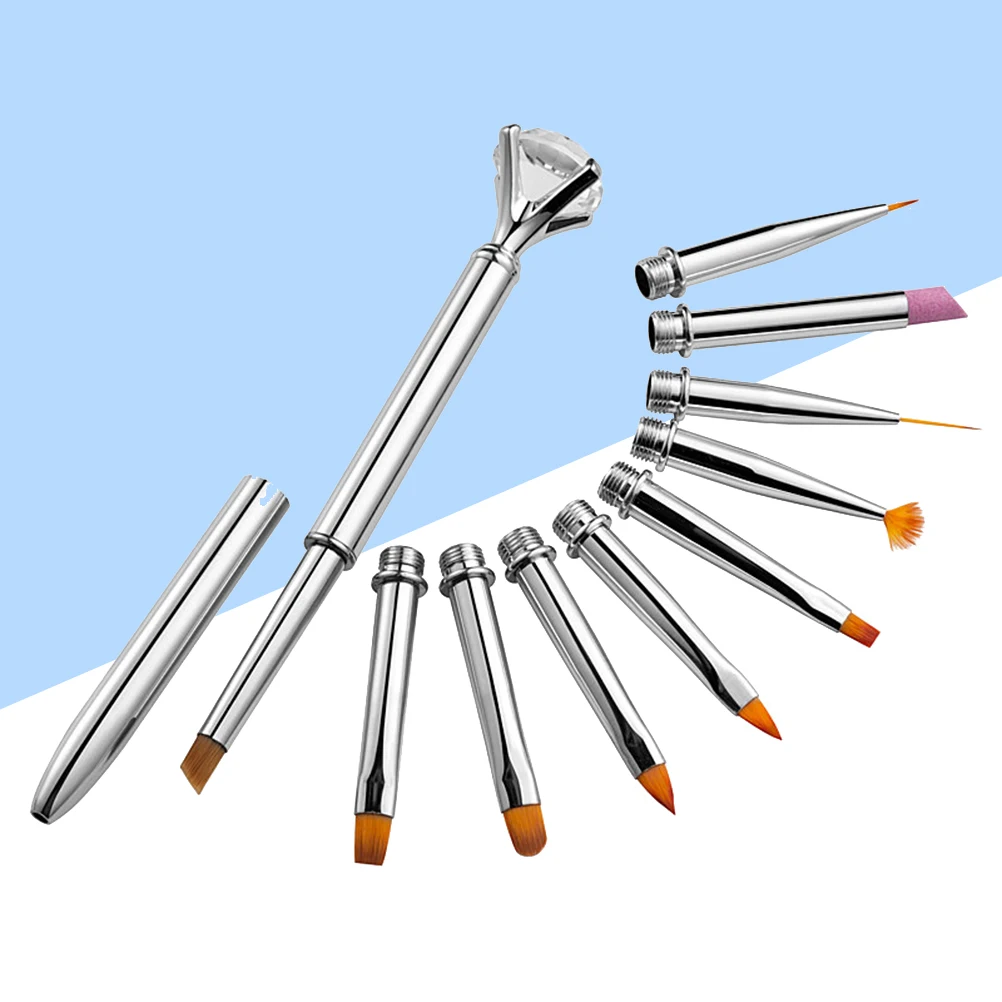 

10pcs Brush Set Multifunctional Pen Replaceable Tips Durable Long Handle For Gel Acrylic Uv Painting Drawing Design Dotting