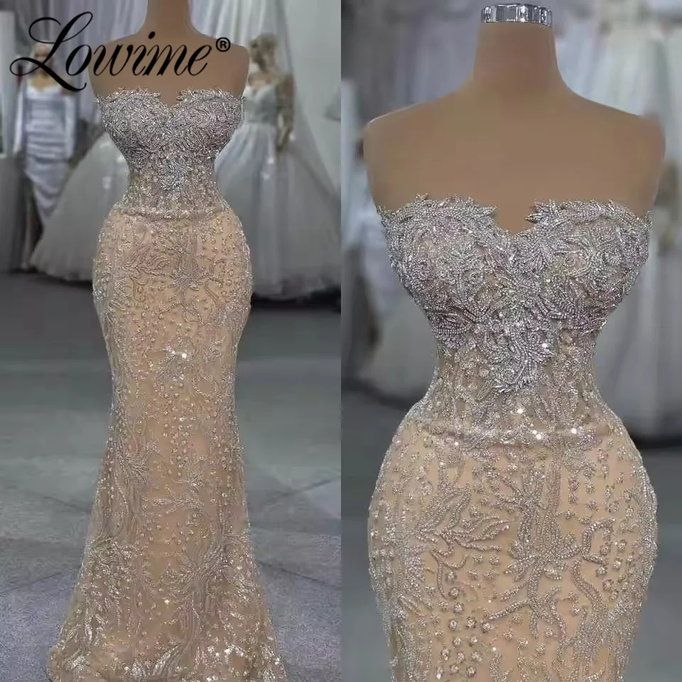 

Modern Champagne Evening Dresses for Women Beads Crystals Trumpet Rhinestone Vestido De Formatura Customized Party Dress Gowns