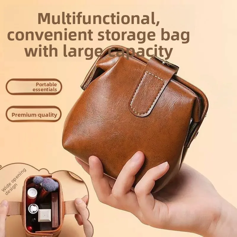 Handmade Oil Wax Leather Portable Jewelry Box Vintage Plaything Walnut Handheld Large Capacity Storage Bag for Accessories