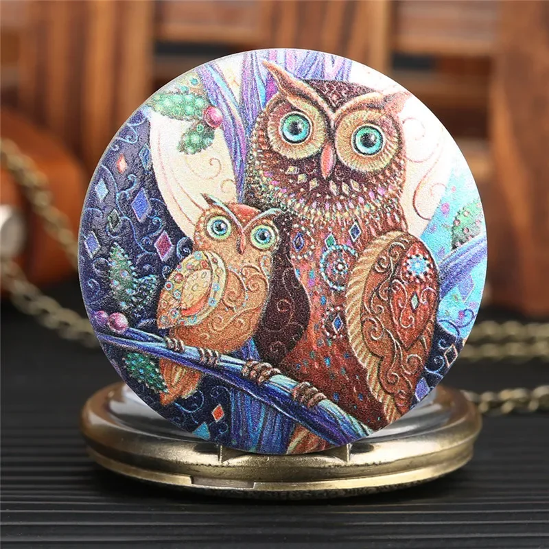 Bronze Pocket Watch with Lovely Owl Pattern Full Hunter Alloy Quartz Clock with Necklace Fob Chain for Men Women Antique Watches