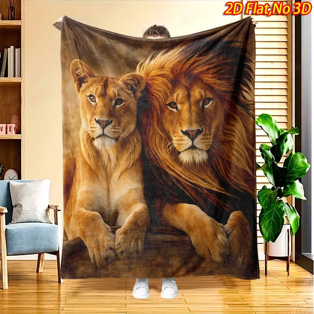 Retro Brown Texture Background Central Realistic Lion And Lioness Pair Wildlife Full Print Fluffy Blanket Soft Warm Couch Cover