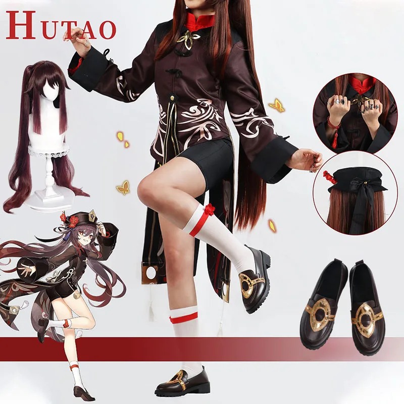 Hutao Cosplay Game Genshin Impact Costume para Mulheres, Peruca, Sapatos, Uniformes, Vestido Hu Tao, Conjunto Completo, Festa de Halloween