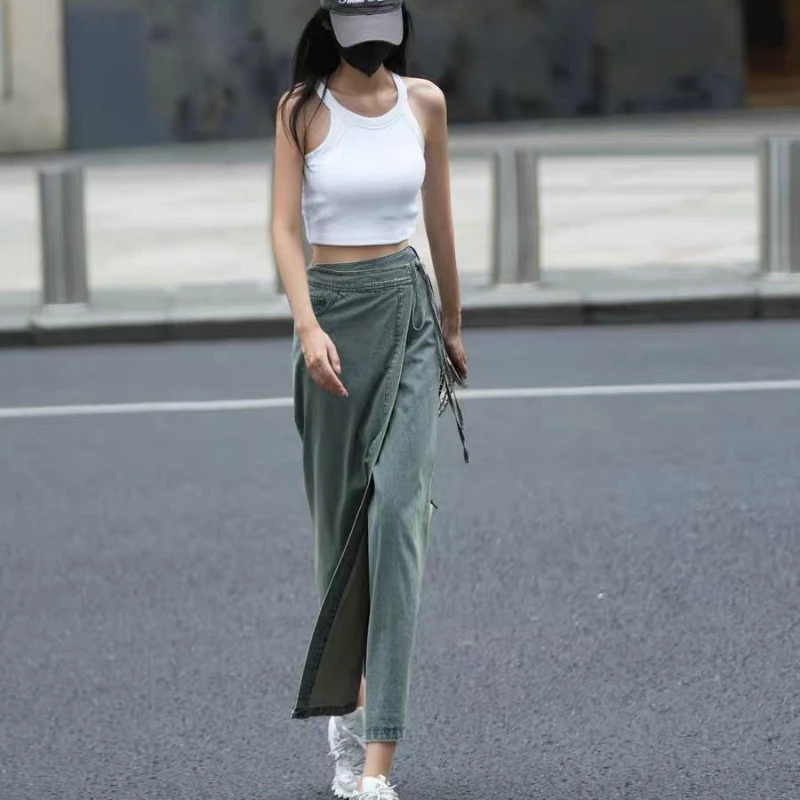Temperamento falda de viajero diseño sentido correa lavada falda vaquera larga dividida moda de primavera y verano ropa de mujer