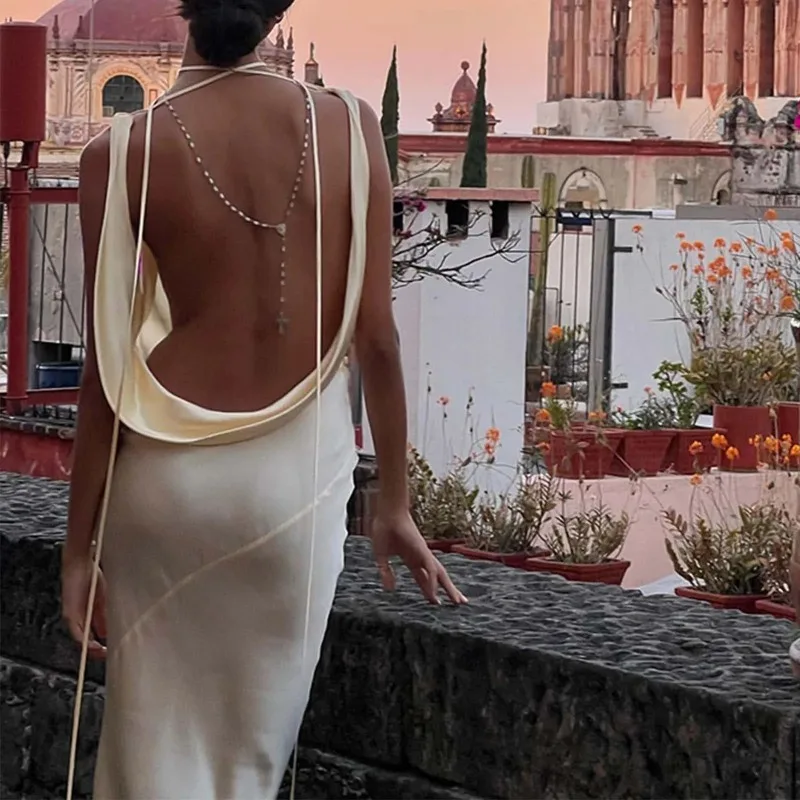 Elegant Slim Fit Satin Backless Maxi Dress Women Vacation Style Lace Up V-Neck Sleeveless Bodycon Stretch Skinny Sexy Party Wear