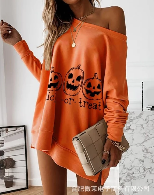 Women's Spring and Autumn Long Sleeved Cold Shoulder Skew Shoulder Fashion Casual Halloween Off Shoulder Sweater Top