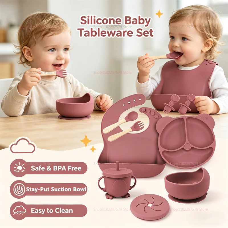 新しいベビー用食器セット、吸盤付きシリコンプレート、子供用食器、名入れディナープレート、カップ、スプーン