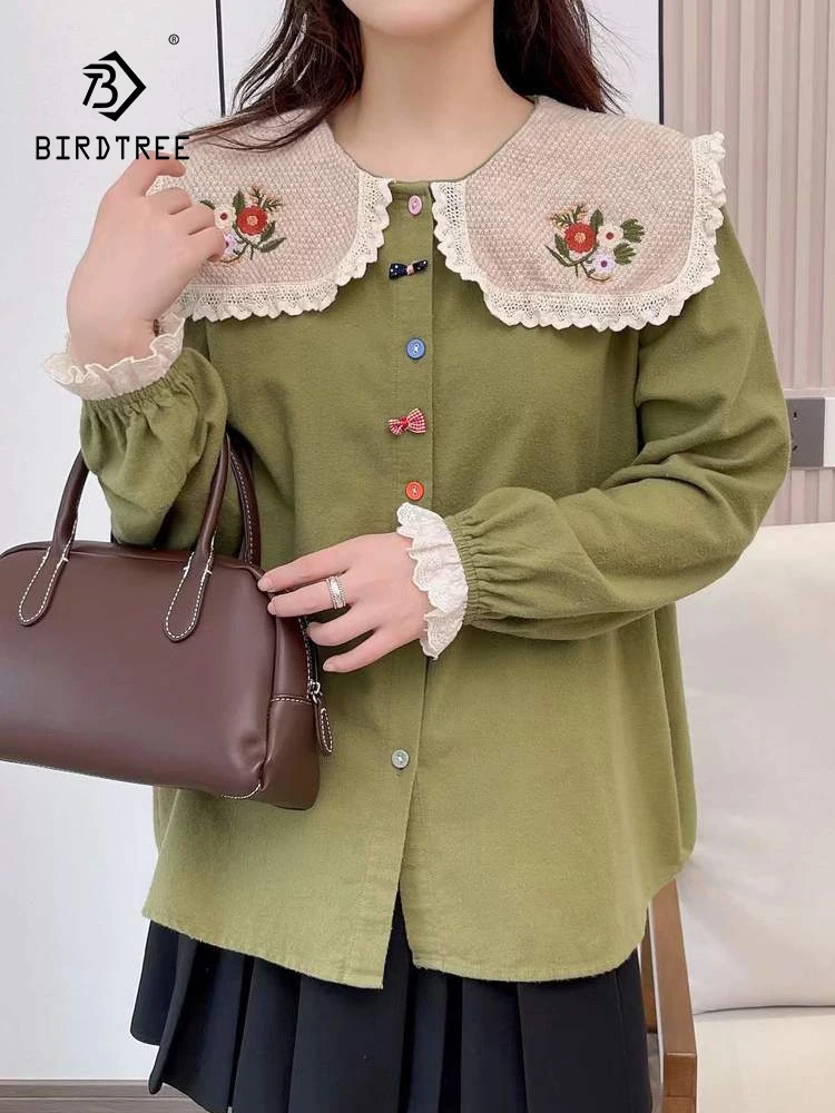 

Новая зимняя хлопковая рубашка с длинным рукавом 2025, женская свободная блузка с воротником Питера Пэна и вышивкой, Mori Girl Preppy Style INS T5N555CC