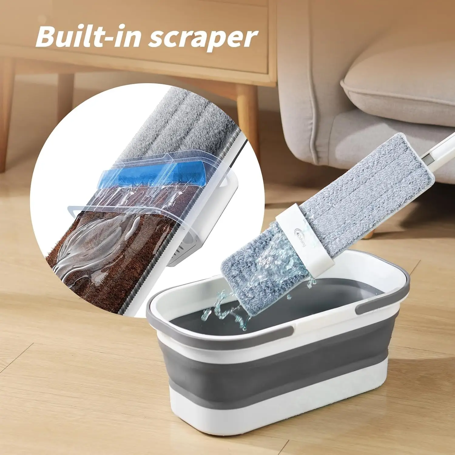Flat Mop and Collapsible Bucket with Wheels, 2 Washable Microfiber Pads for Hard Floors and Walls