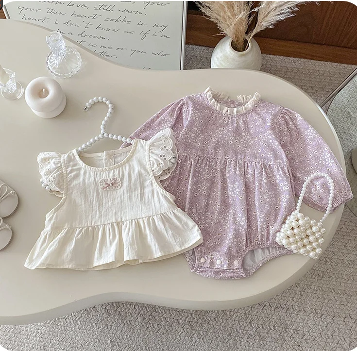 

New Baby Girls Sping & Fall Long Sleeve Sets, Vest + Printed Romper Princess Fashion Suits 0-2 T