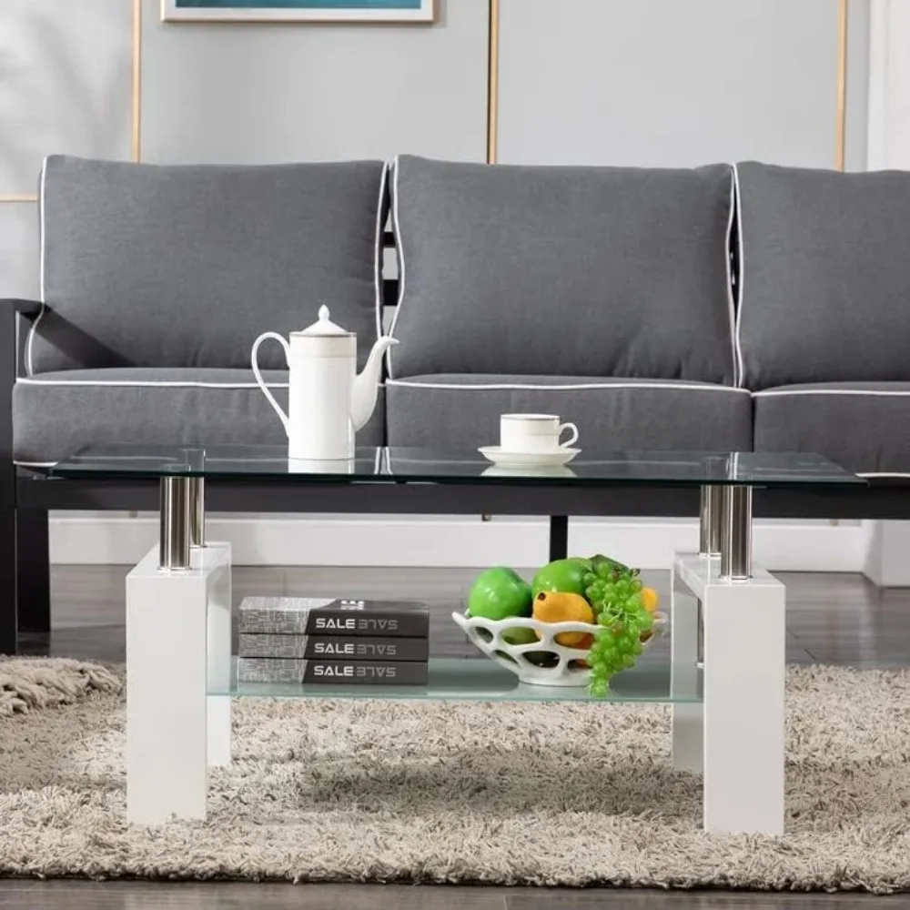 

Rectangle Glass Coffee Table, Tea Table Modern Side Coffee Table with Lower Shelf, 2-Tier Center Coffee Tables for Living Room