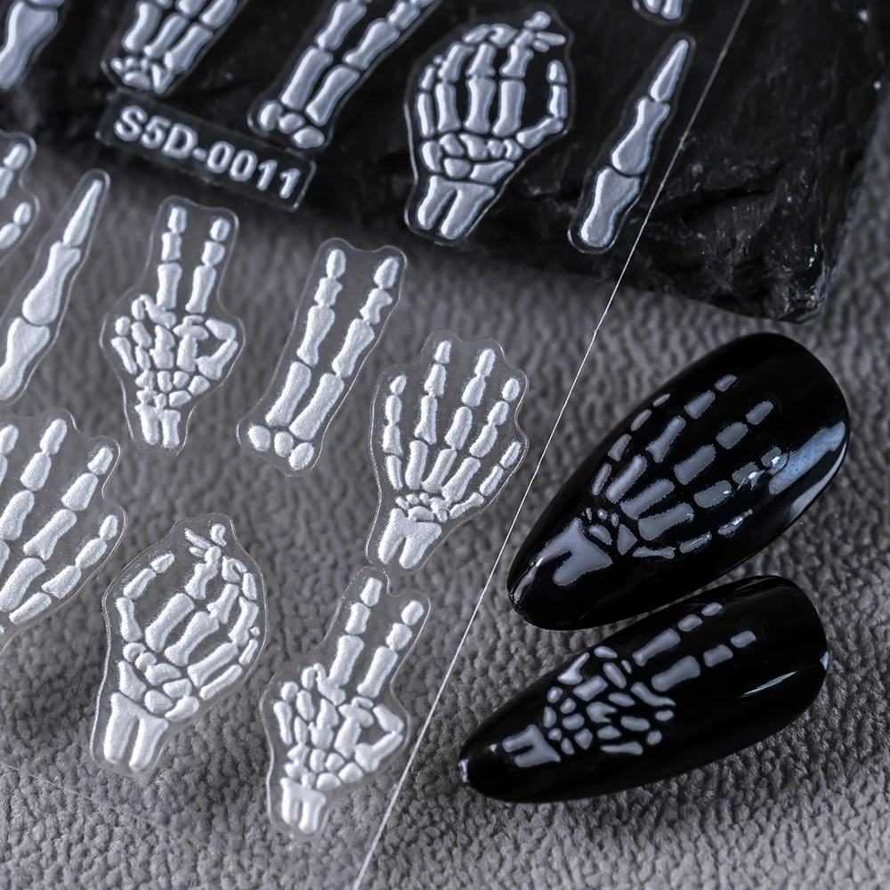 1Pc Punk Weiß Skeleton Hand Nail art Aufkleber 5D Schädel Hand Form Klebstoff Aufkleber DIY Halloween Sliders Maniküre dekoration