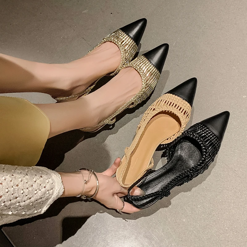 JOZHAMTA Size 34-42 Real Leather Women Sandals Slingback Woven Kitten Mid Heels Summer Shoes Elegant Office Lady Dress