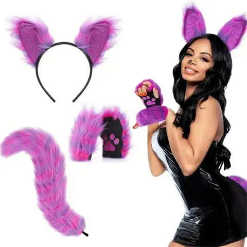 Bane Costume Women Cat Ears Tail Set Of 4 And Faux Bendable Tail Glitter Ears Headband Gloves Scratch Paper