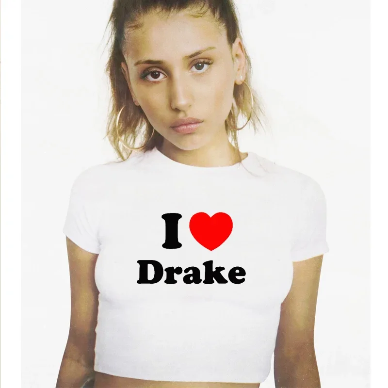 I Love Drake Red Love Heart Women Cropped Top Harajuku Causal Baby Tee Y2k Fashion Clothes Summer Short Sleeved T Shit O Necks