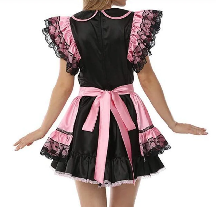 Pink Patchwork Black Smooth Satin Doll Collar Shoulder Fluffy Sleeveless Dress Independent Apron White Lace Inlay