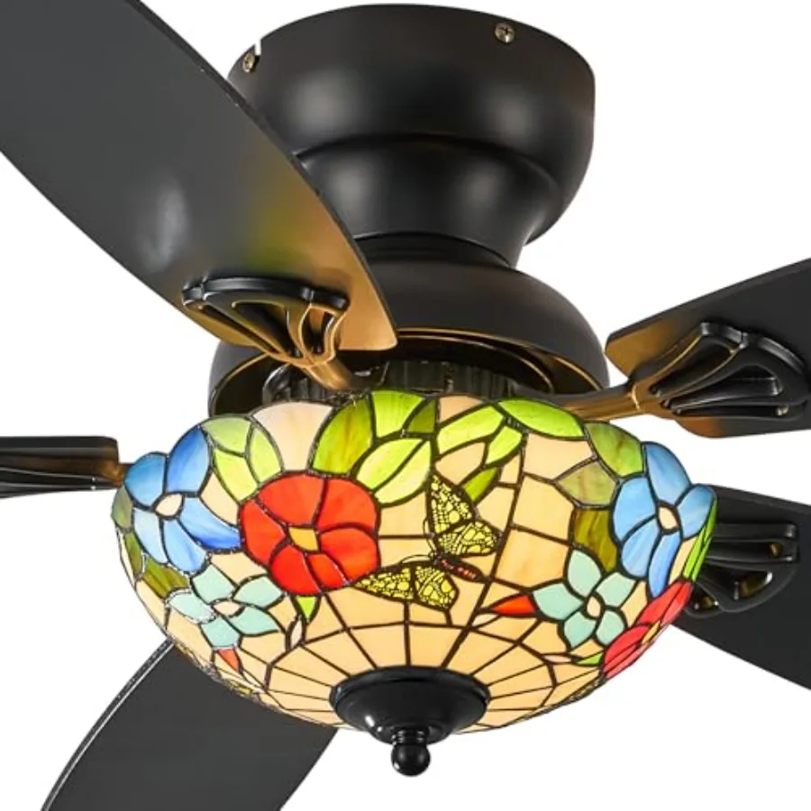 Indoor/Outdoor retro ceiling fan chandelier with 48 dual-blade design, glass shade, 6-speed reversible motor, suitable for livi