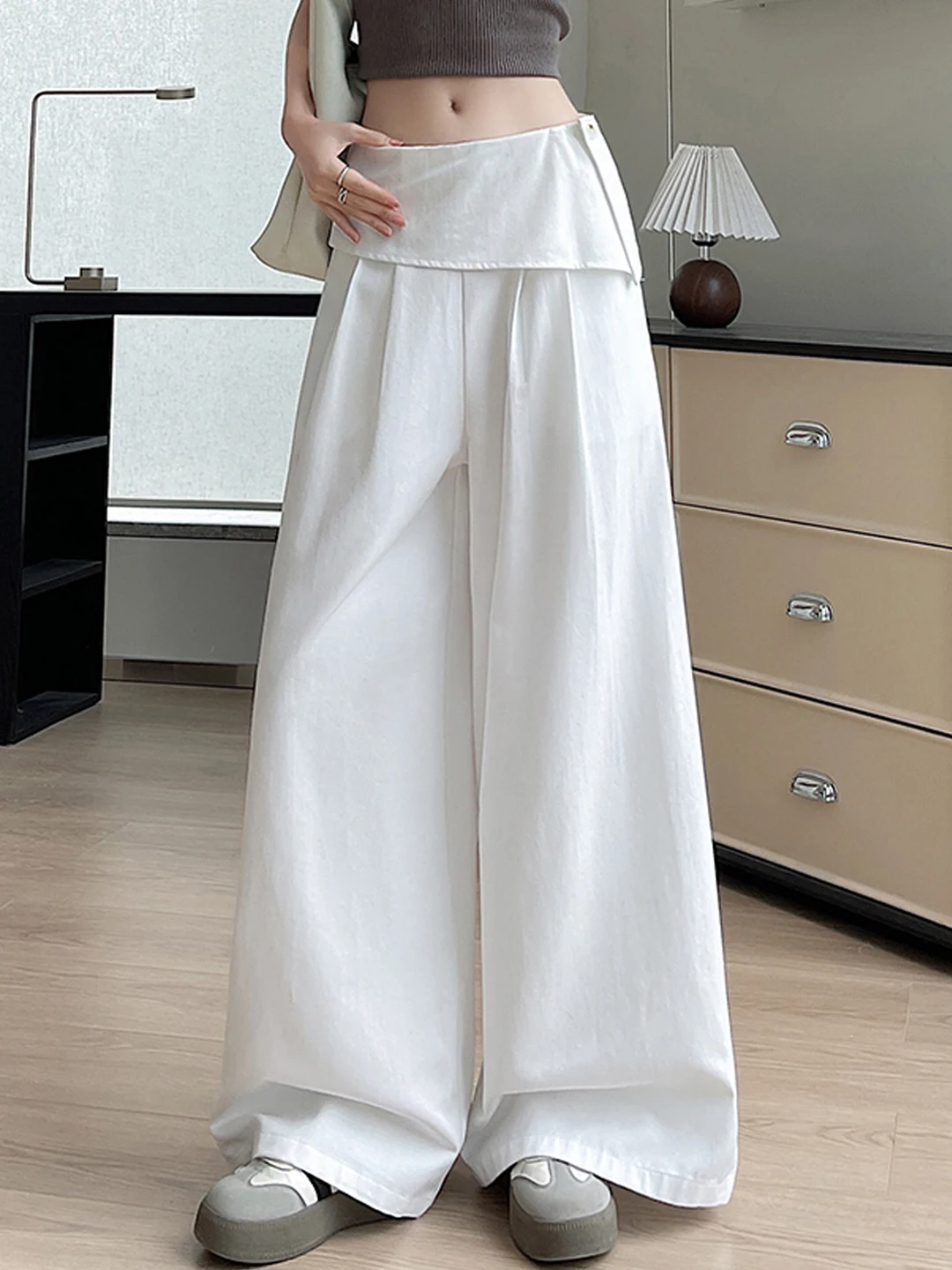 

Брюки женские повседневные свободного кроя с асимметричными широкими штанинами, белые, с высокой талией, прямые, летние 2026