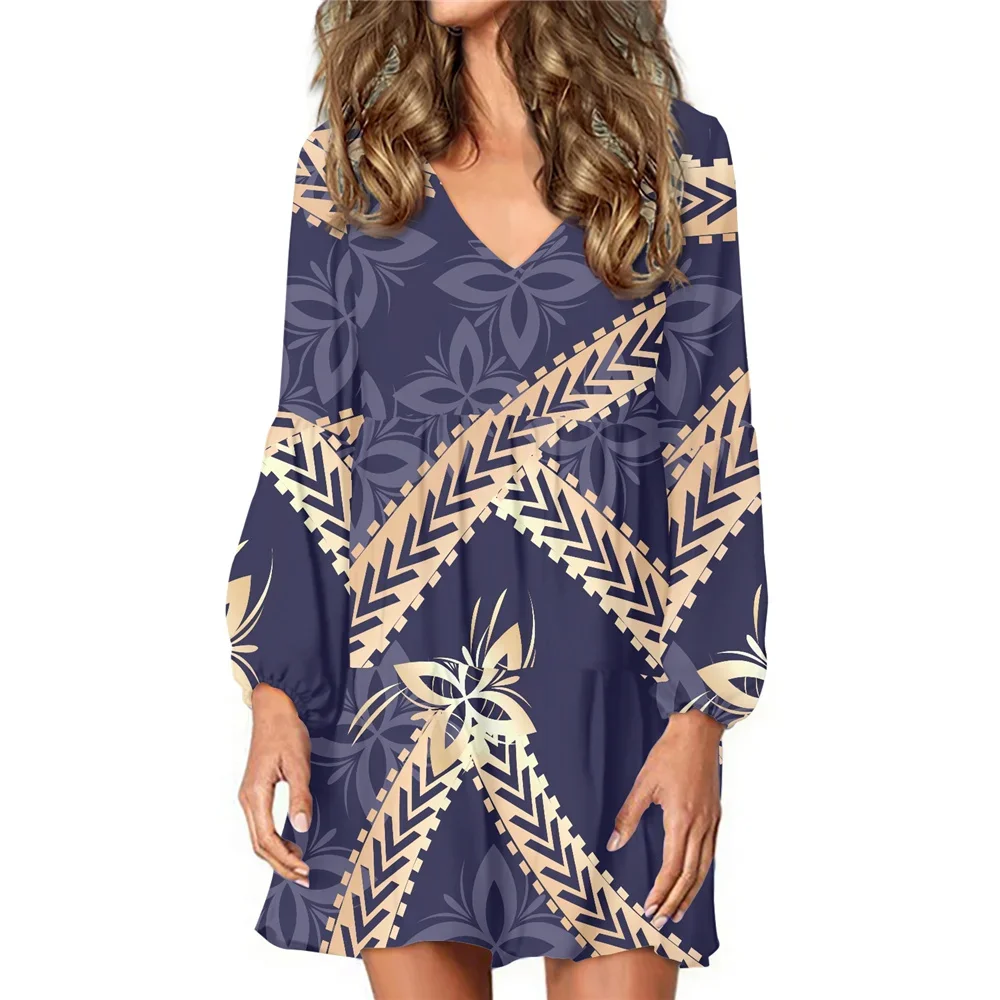 4XL Lantern Sleeves V-neck Mini Dress Loose Sexy Blue Dress Vintage Style Polynesian Tribal Clothing Tattoo Style Printed Women